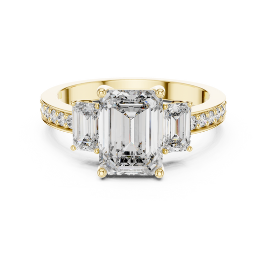 Emerald Cut Three-Stone Ring with Pave Band
