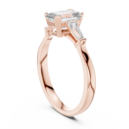 Merald Cut Three-Stone Diamond Ring with Baguettes