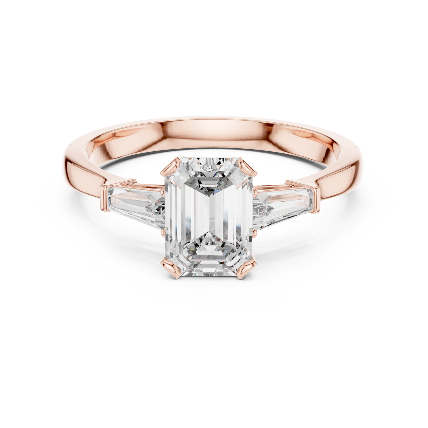 Merald Cut Three-Stone Diamond Ring with Baguettes