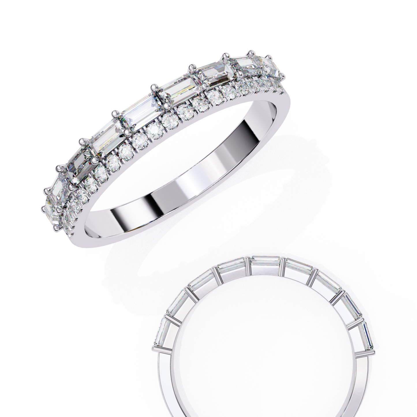 Baguette and Round Diamond Band White Gold