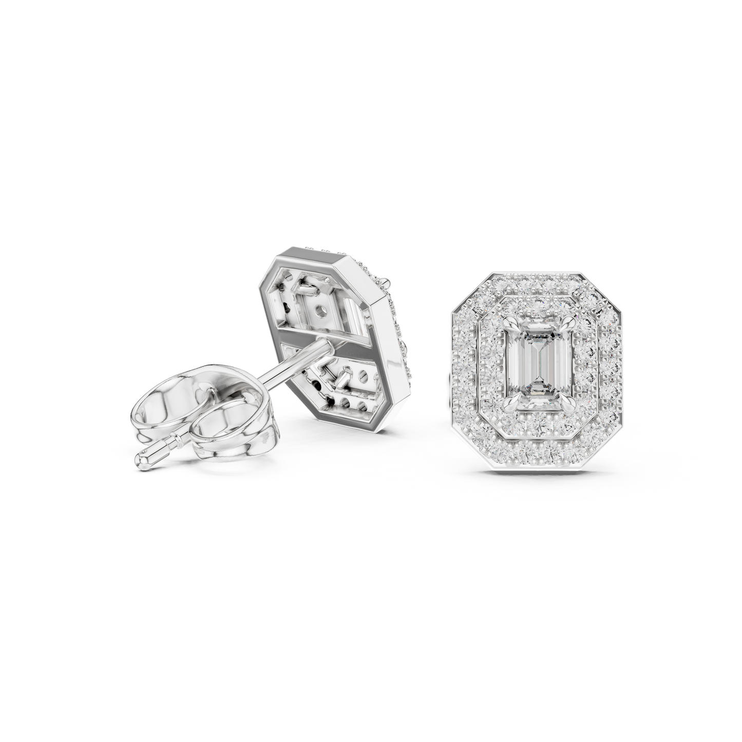 Emerald-Cut Diamond Double Halo Stud Earrings