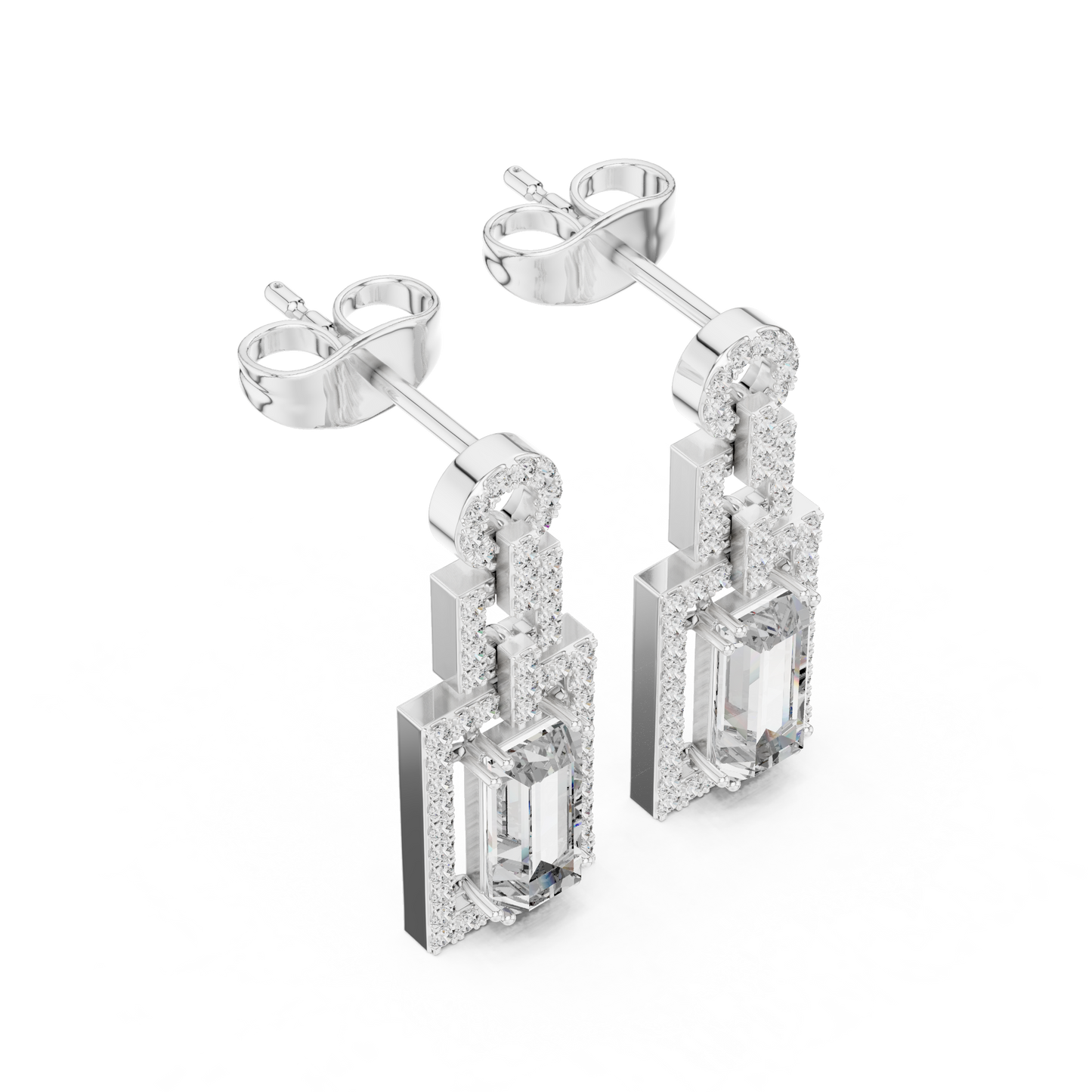 Geometric Art Deco Emerald-Cut Diamond Drop Earrings