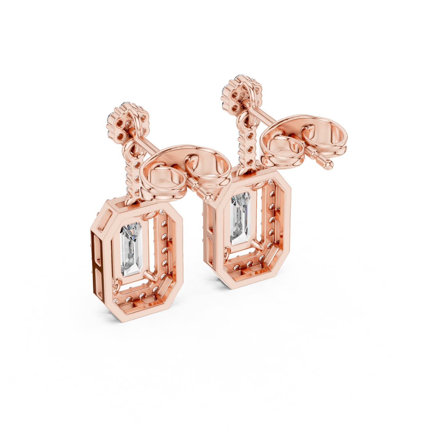 Emerald-Cut Diamond Halo Octagon Drop Earrings