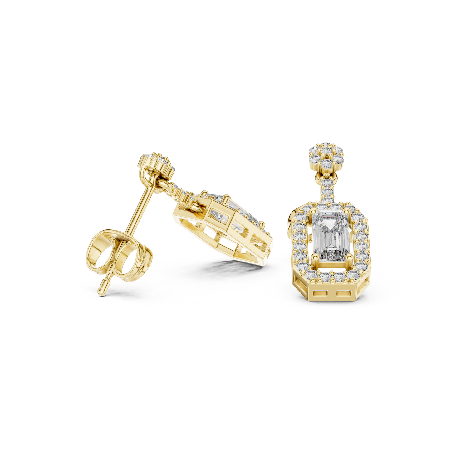 Emerald-Cut Diamond Halo Octagon Drop Earrings