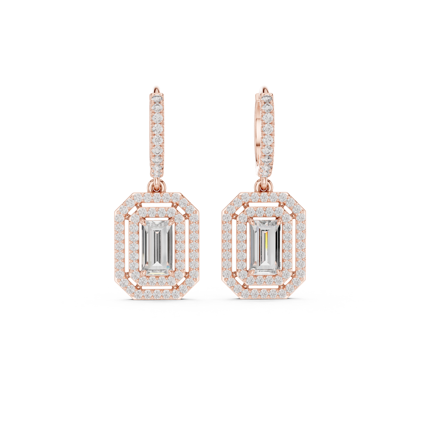 Emerald Cut Diamond Halo Drop Earrings