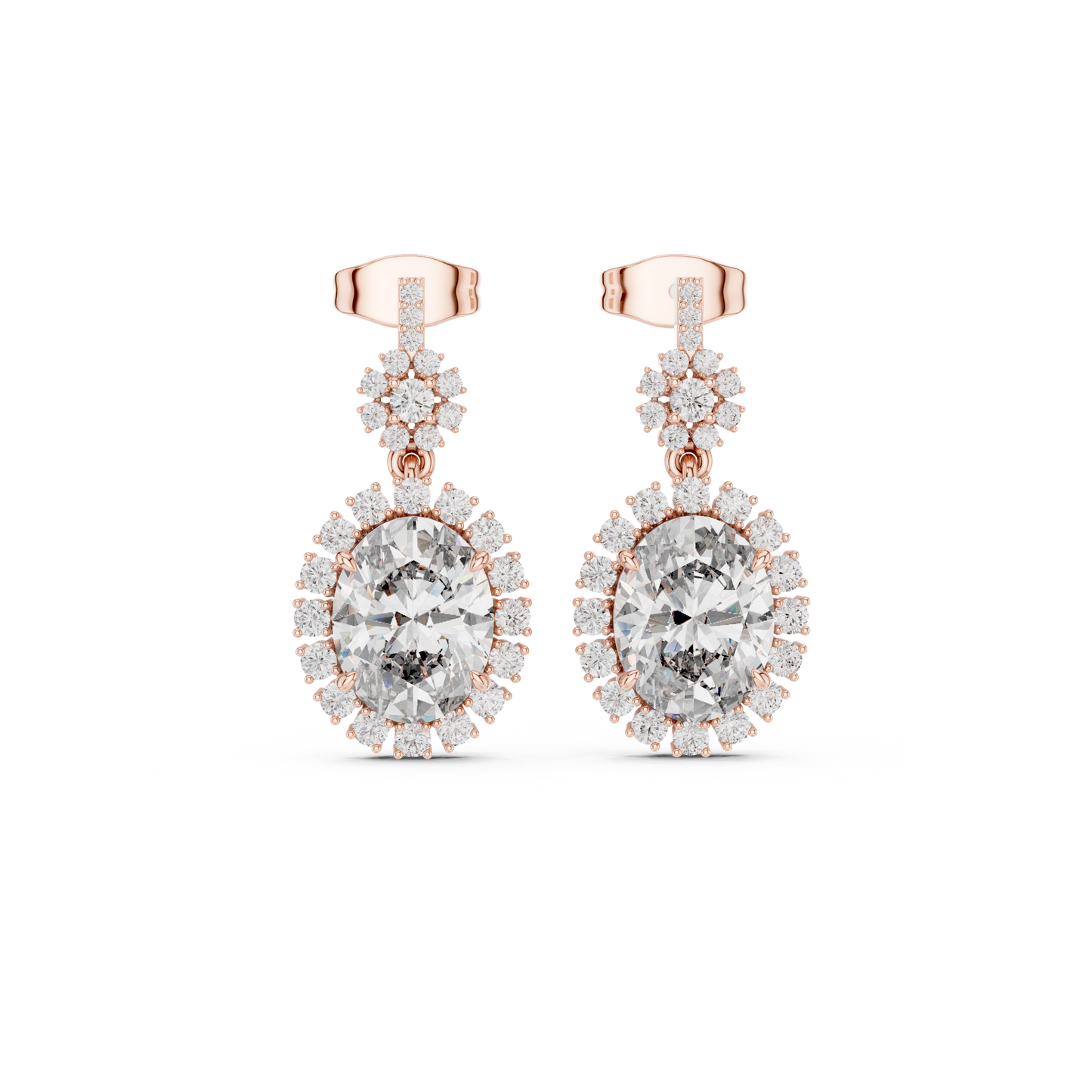 Oval Halo Floral Drop Earrings in 14K Gold with Brilliant Diamond Accents