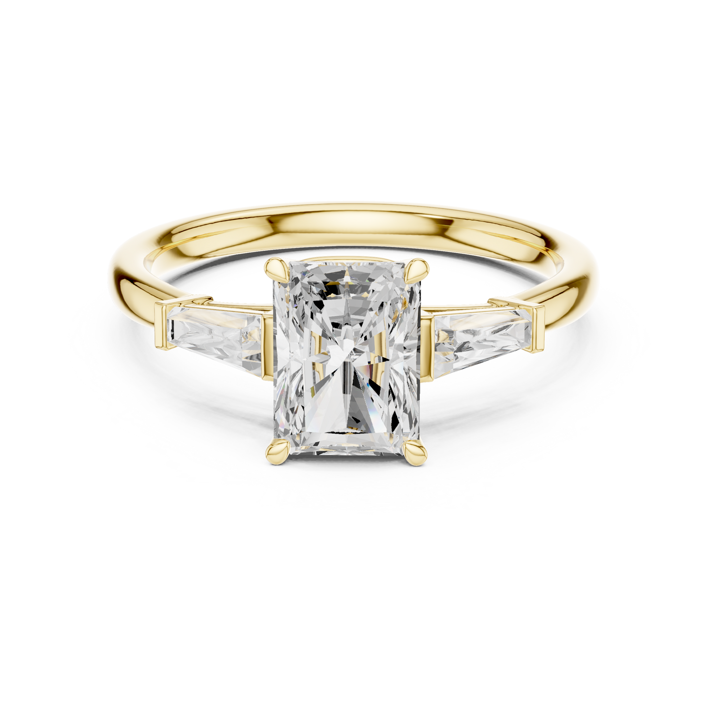 Radiant Cut Three-Stone Engagement Ring with Tapered Baguette Side Stones