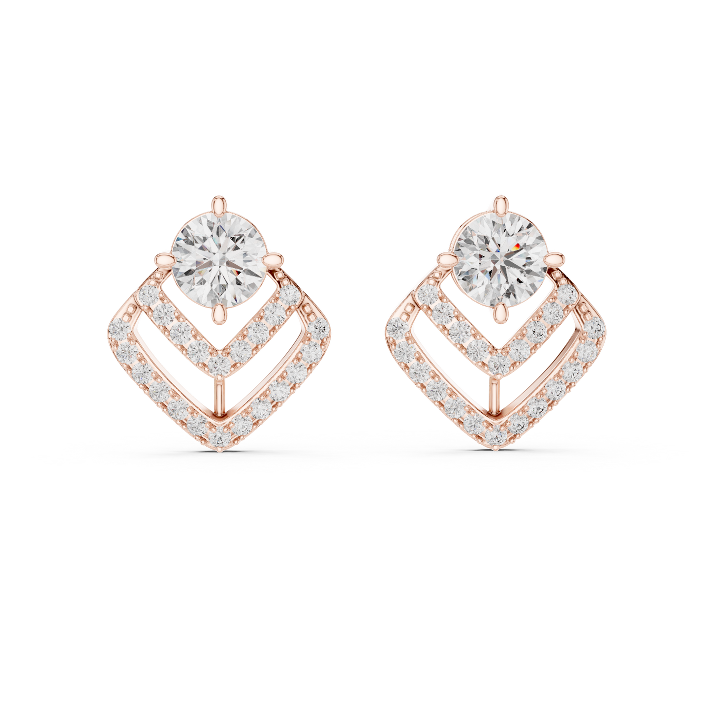 Geometric Double Chevron Round Diamond Stud Earrings
