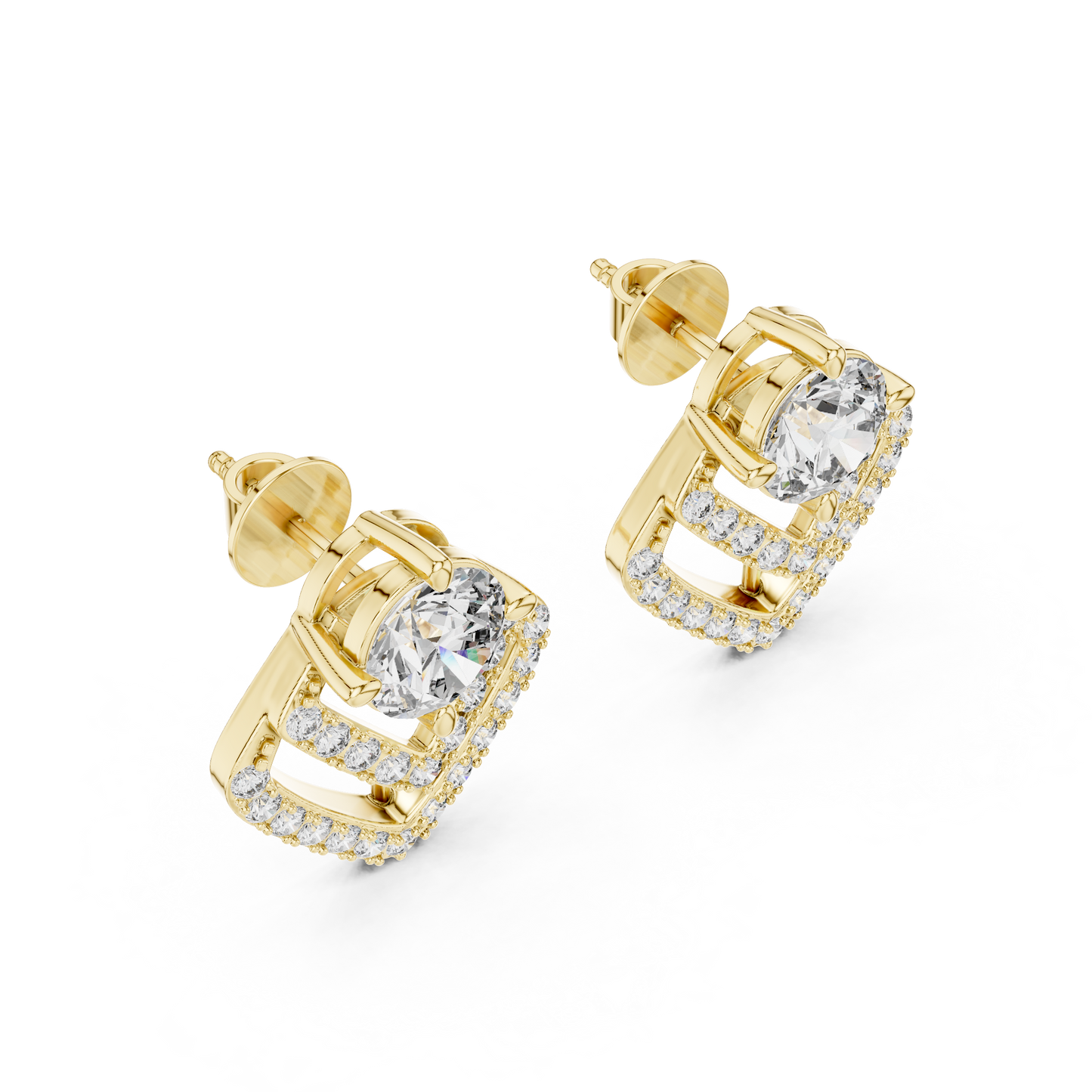 Geometric Double Chevron Round Diamond Stud Earrings