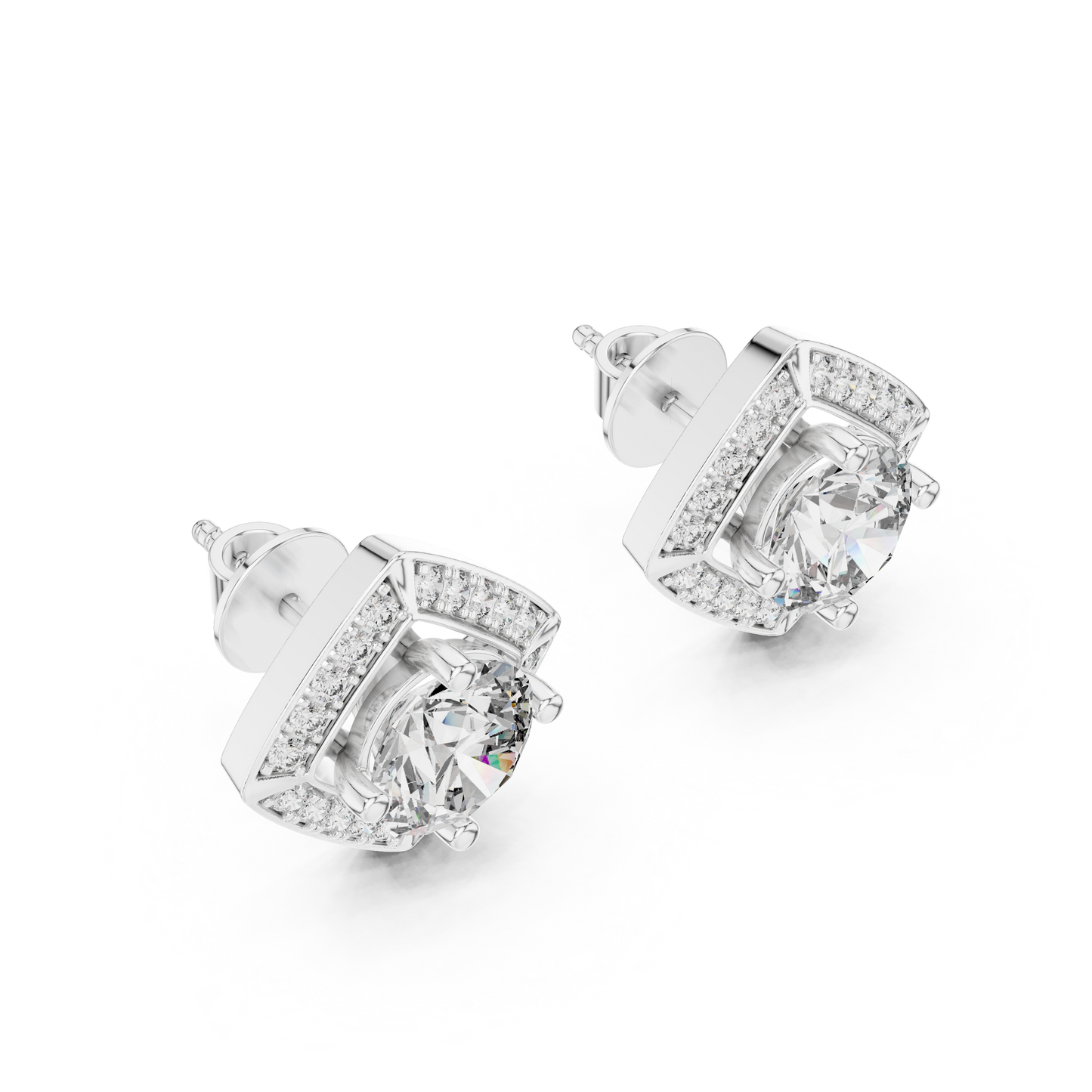 Diamond Kite-Set Square Halo Stud Earrings