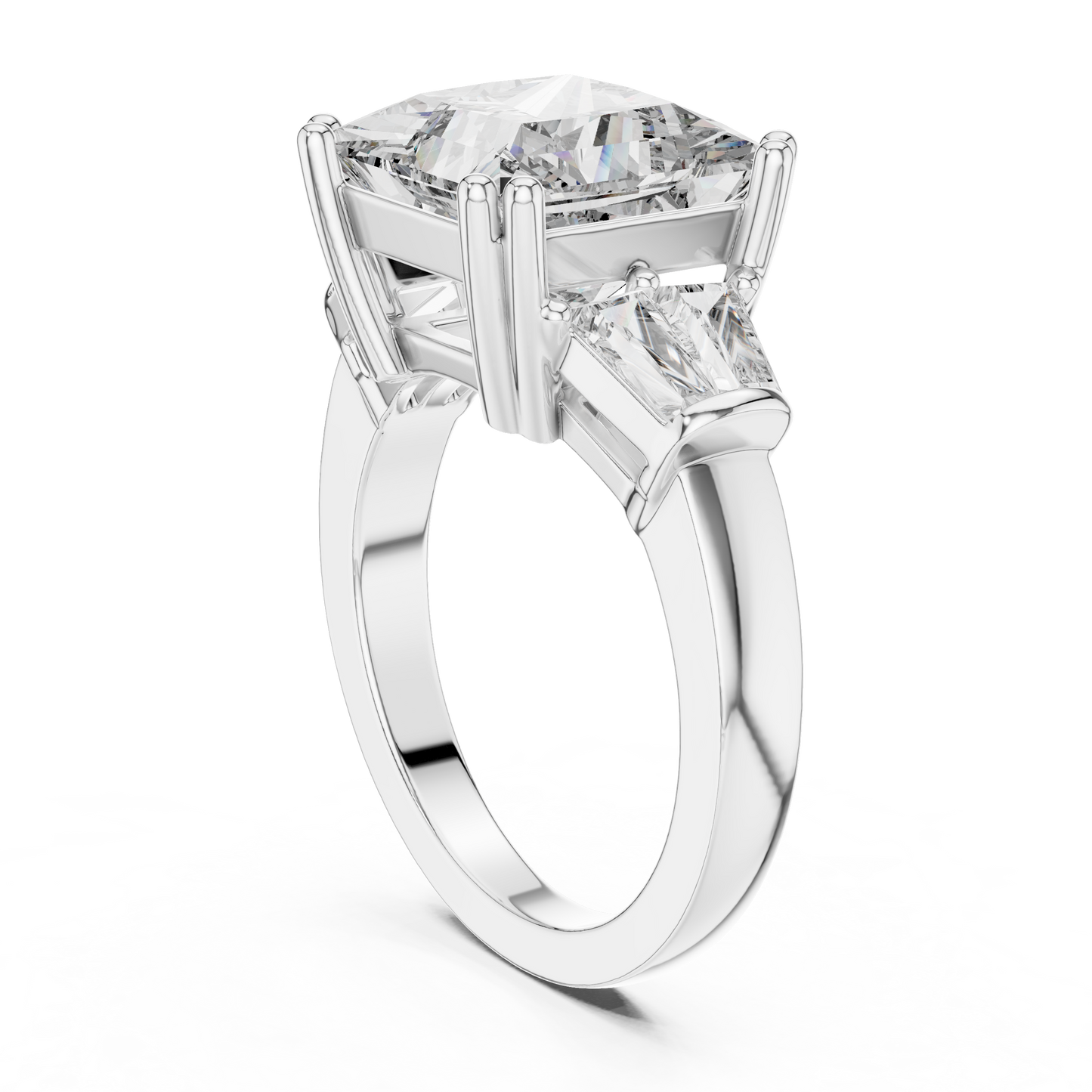 Princess Cut Three-Stone Engagement Ring with Trapezoid Accents