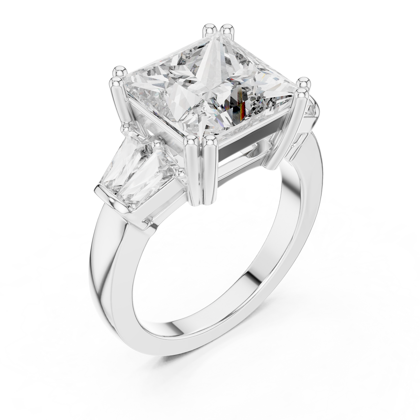 Princess Cut Three-Stone Engagement Ring with Trapezoid Accents