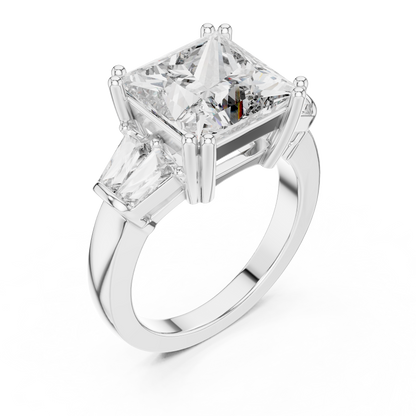 Princess Cut Three-Stone Engagement Ring with Trapezoid Accents