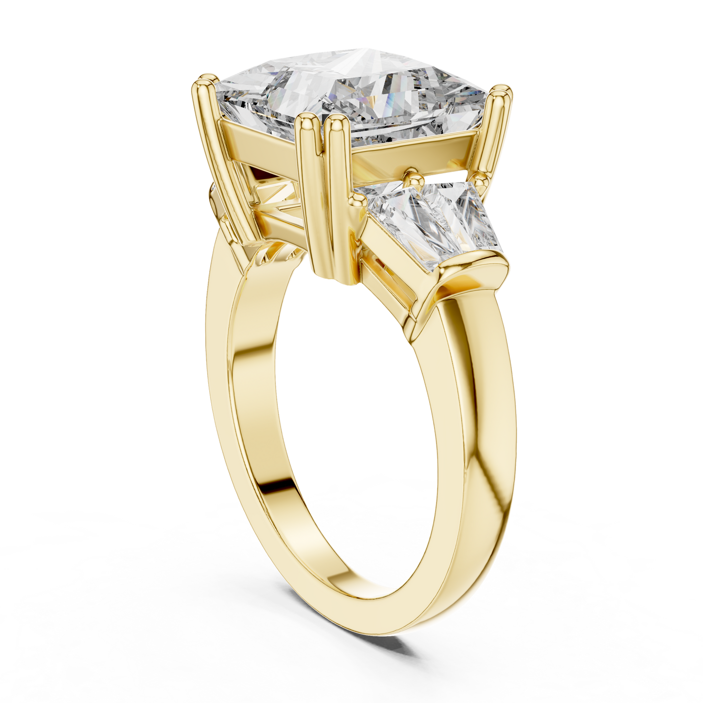 Princess Cut Three-Stone Engagement Ring with Trapezoid Accents