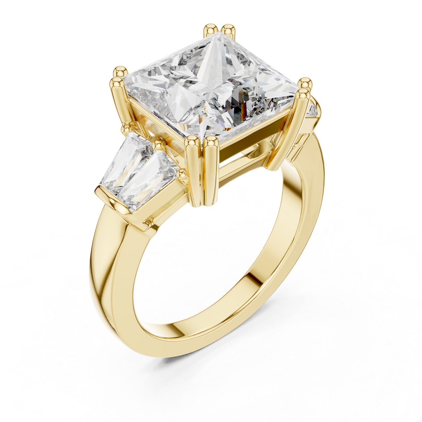 Princess Cut Three-Stone Engagement Ring with Trapezoid Accents