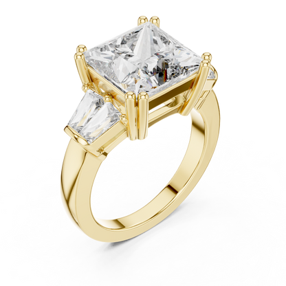 Princess Cut Three-Stone Engagement Ring with Trapezoid Accents