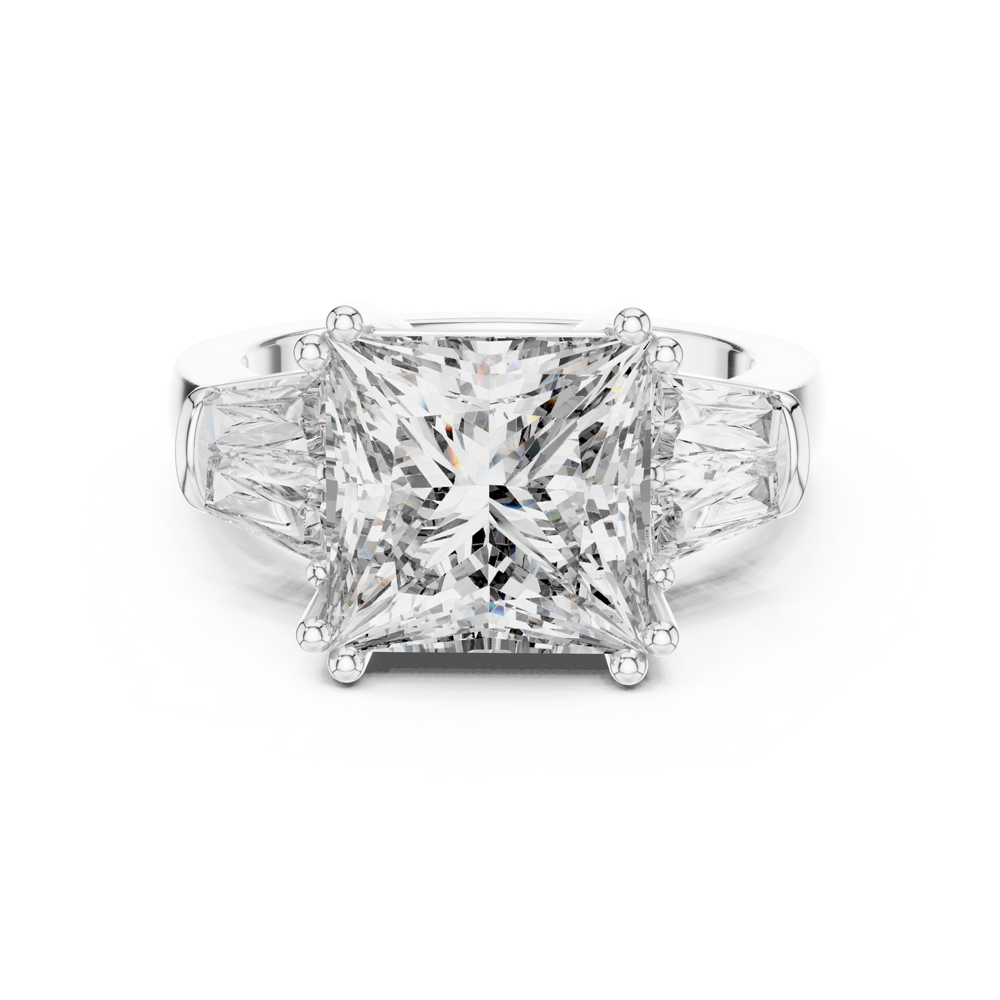 Princess Cut Three-Stone Engagement Ring with Trapezoid Accents