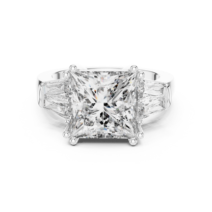 Princess Cut Three-Stone Engagement Ring with Trapezoid Accents