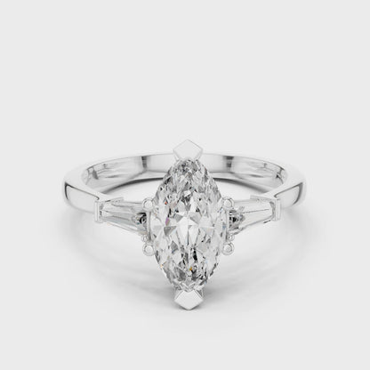 Marquise Cut Three-Stone Diamond Ring with Baguettes