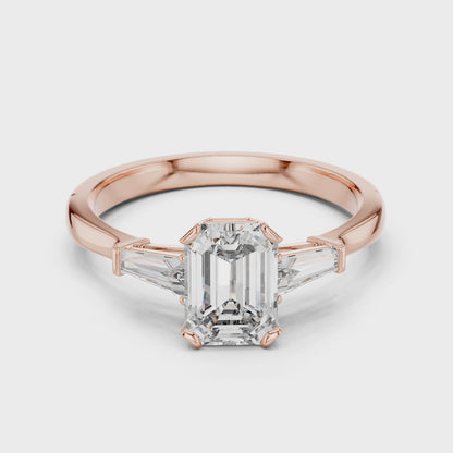 Merald Cut Three-Stone Diamond Ring with Baguettes