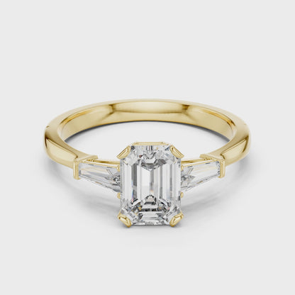 Merald Cut Three-Stone Diamond Ring with Baguettes