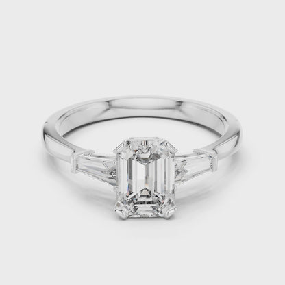 Merald Cut Three-Stone Diamond Ring with Baguettes
